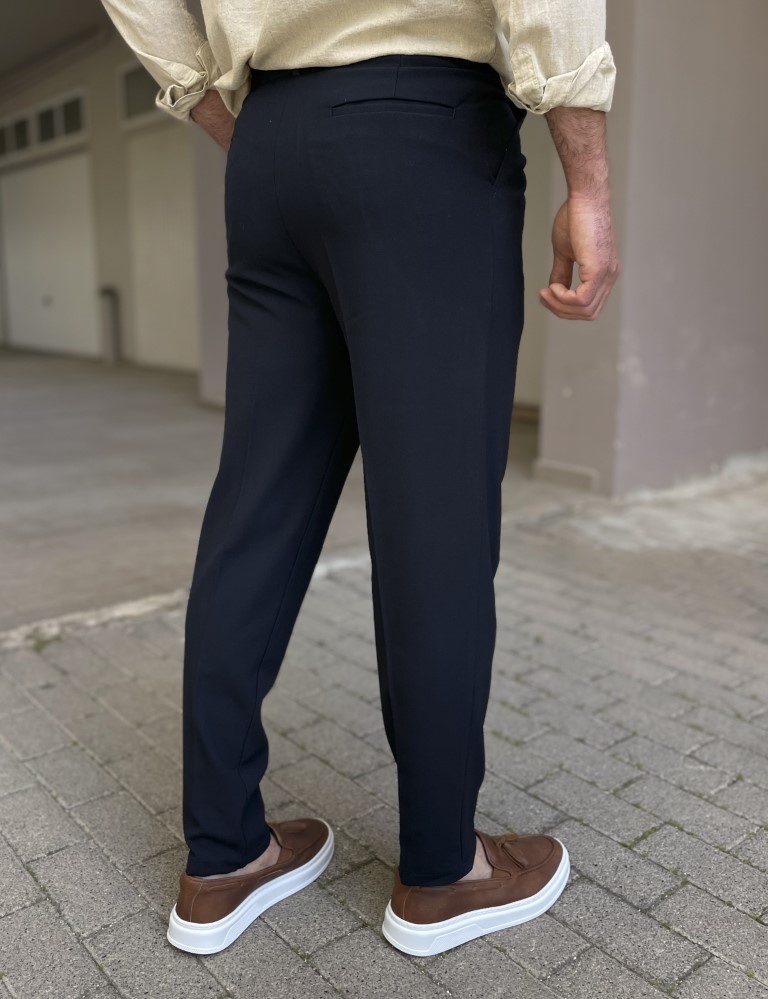 Ανδρικό μπλε υφασμάτινο παντελόνι με πιέτα και λάστιχο στην μέση FCL00295B φωτογραφία